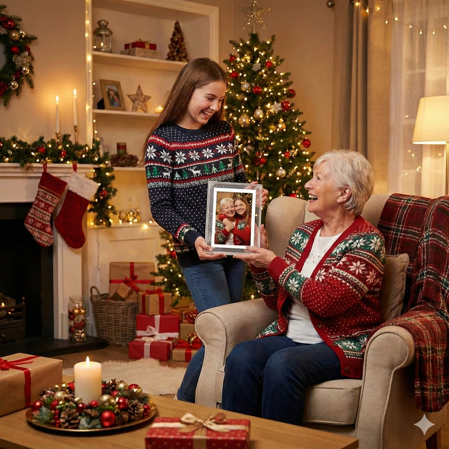 Grandchild giving a meaningful gift, a video frame to grandparent for Christmas