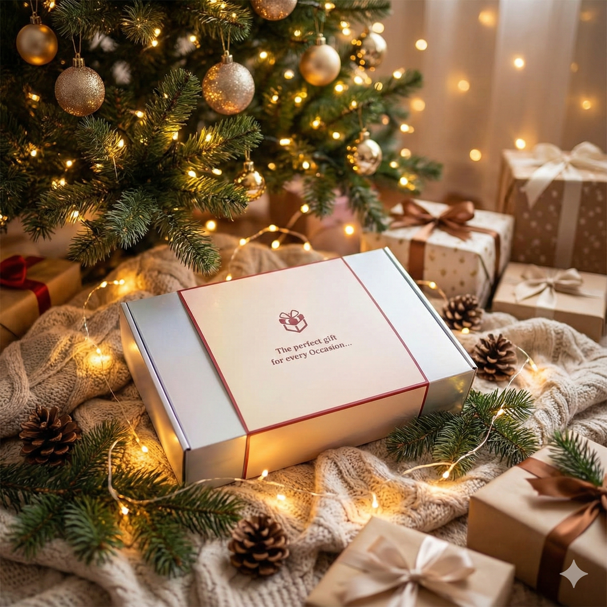 Gift box with Christmas tree and presents in the background , MemoFrame , Video frame in decorative packaging